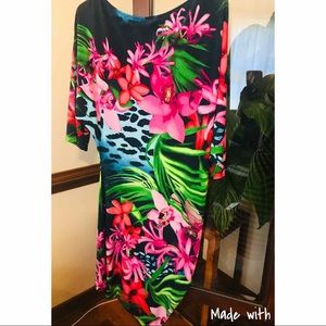 Cache Embellished Floral Asymmetric Dress
